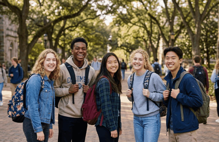 College students smiling together on a campus path