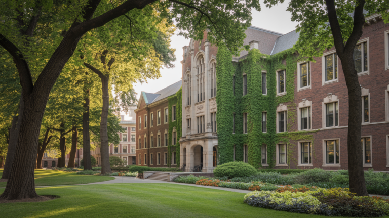Ivy-covered university building on a college campus